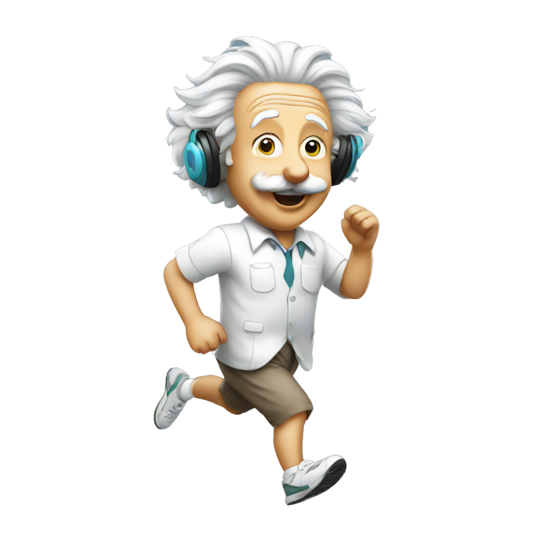 Albert Einstein running with headphones on