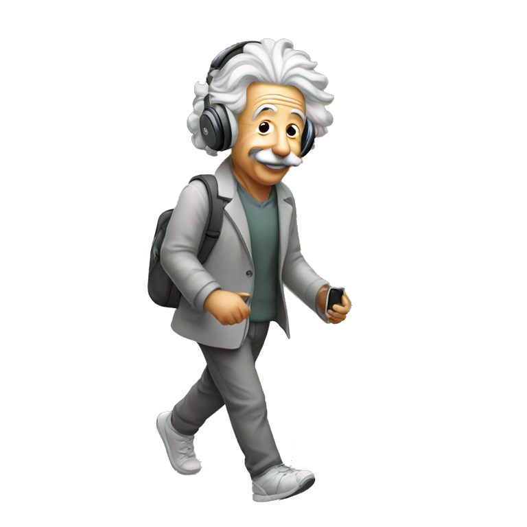 Albert Einstein walking with headphones on